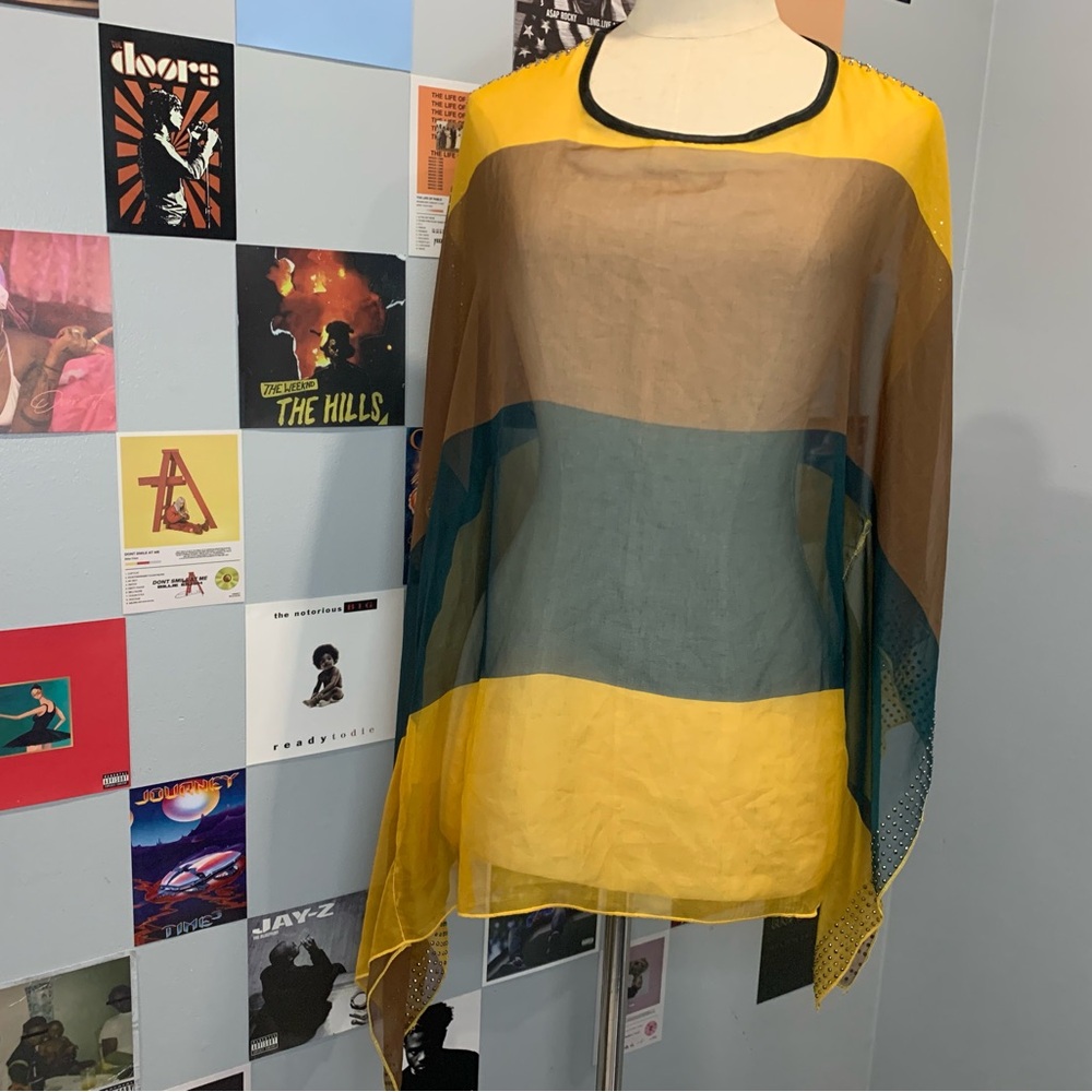 Colorblock Sheer Studded Poncho Blouse Teal and Yellow Blouse Christmas Holidays